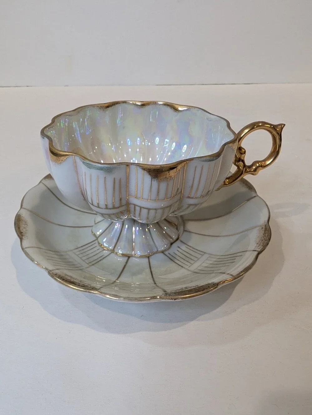 Vintage Royal Sealy Japan Iridescent Scalloped Teacup And Saucer Gold Accents
